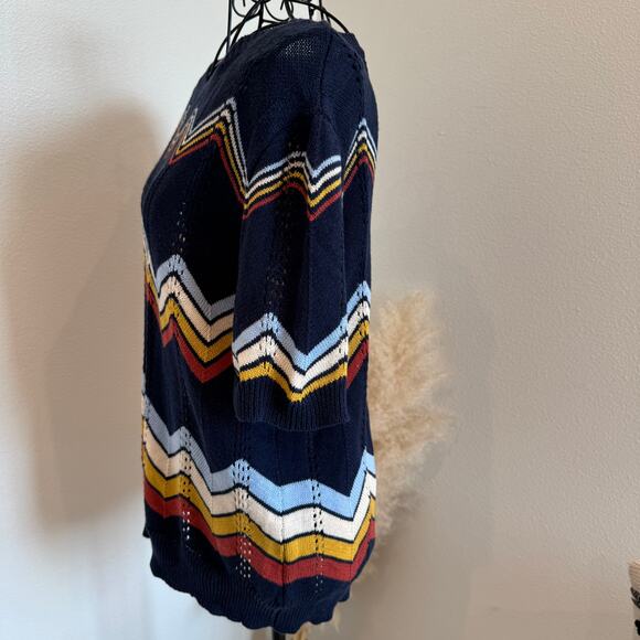 Crescent Navy Pointelle Knit Chevron Print Lightweight Short Sleeve Sweater Top - Picture 4 of 8